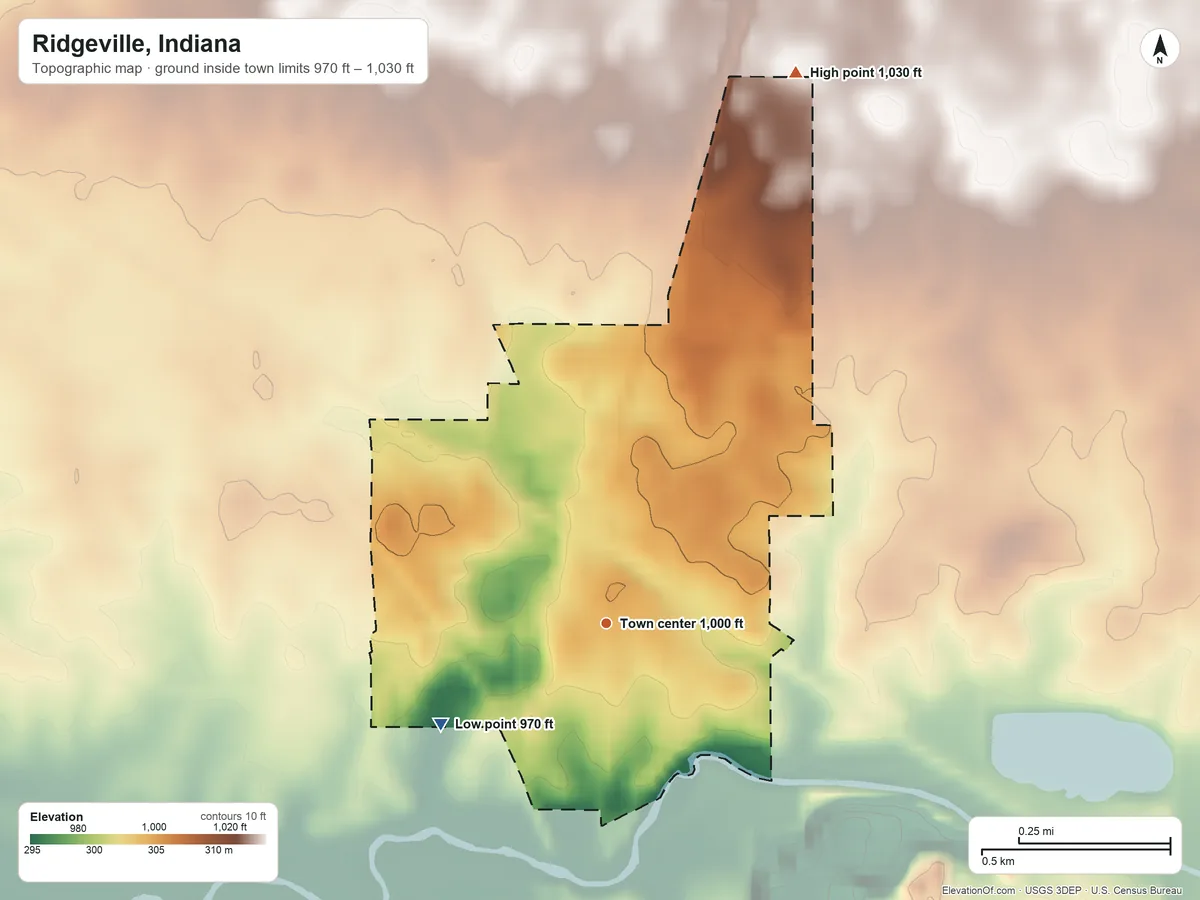 Topographic elevation map of Ridgeville, Indiana, shaded from 970 ft on the southwest side to 1,030 ft on the north side