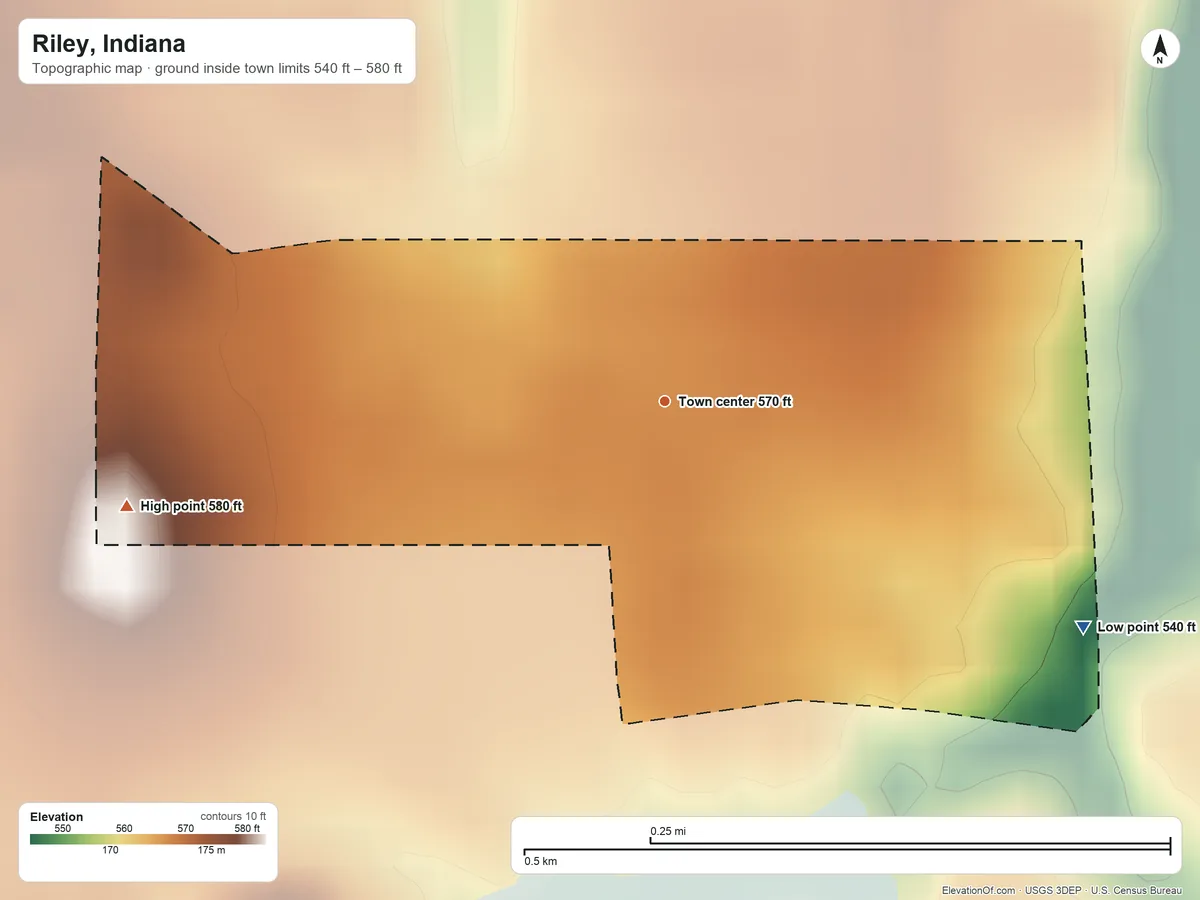 Topographic elevation map of Riley, Indiana, shaded from 540 ft on the southeast side to 580 ft on the west side