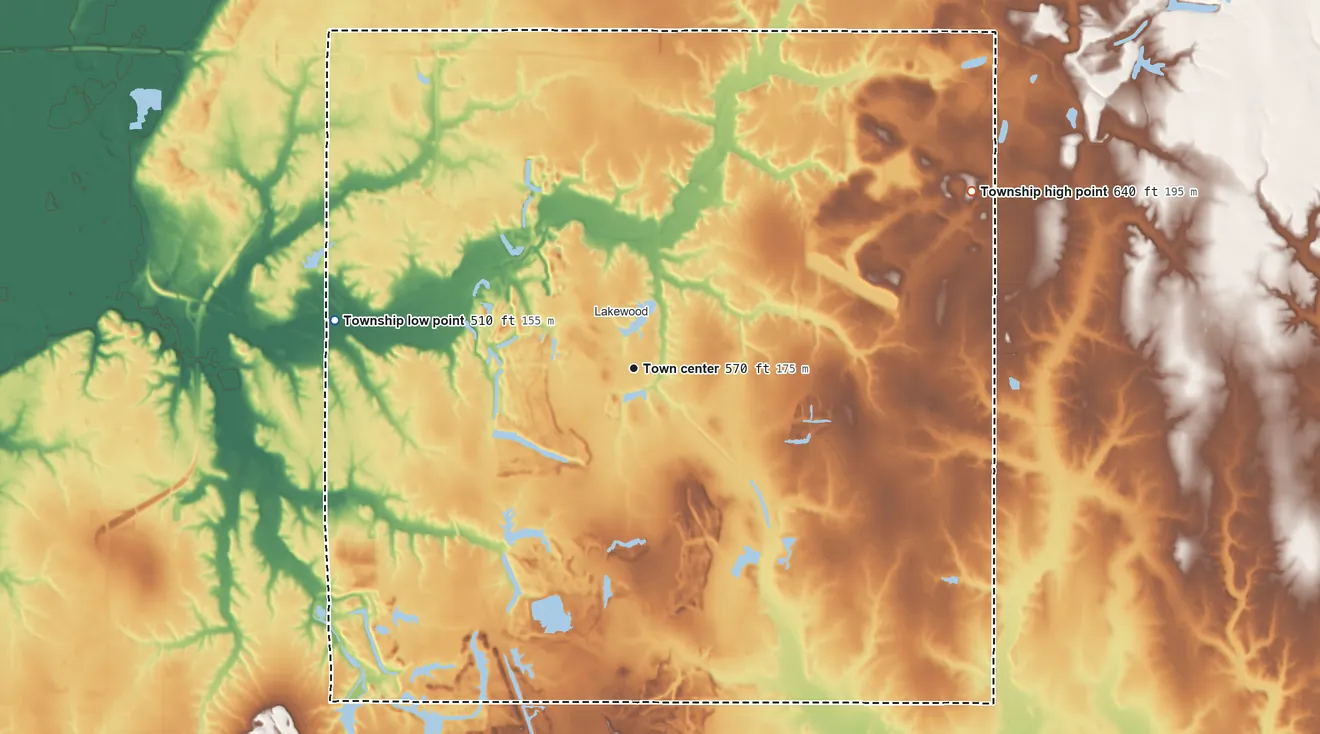 Topographic elevation map of Riley Township, Indiana, shaded from 510 ft on the west side to 640 ft on the northeast side