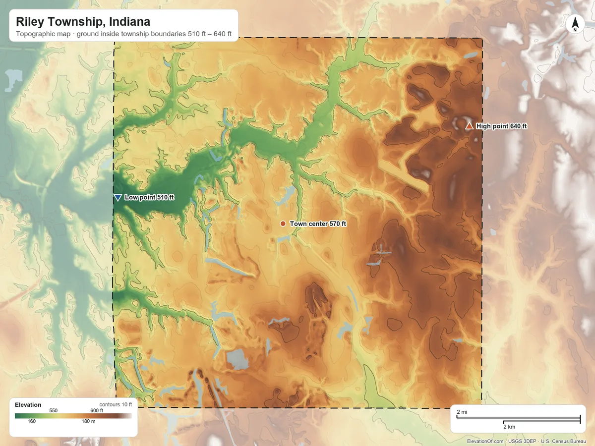 Topographic elevation map of Riley Township, Indiana, shaded from 510 ft on the west side to 640 ft on the northeast side