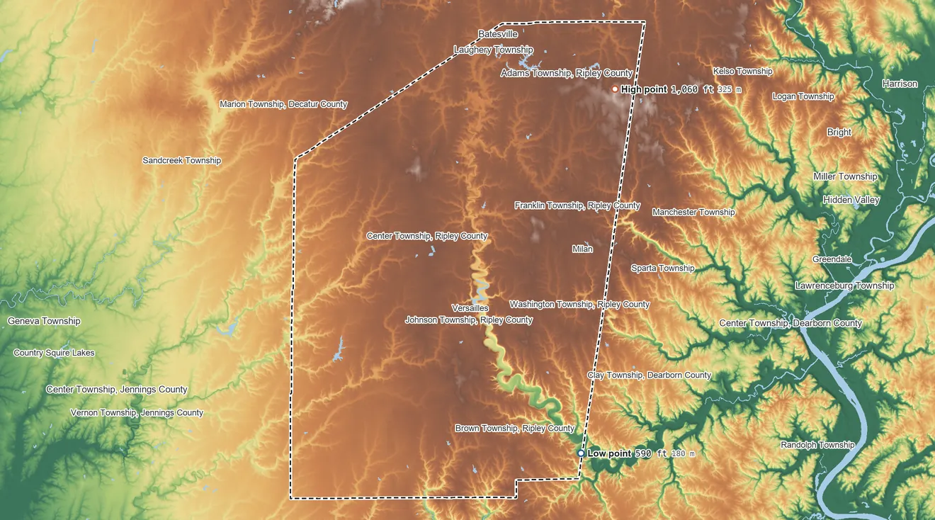 Topographic elevation map of Ripley County, Indiana, shaded from 590 ft on the southeast side to 1,060 ft on the northeast side