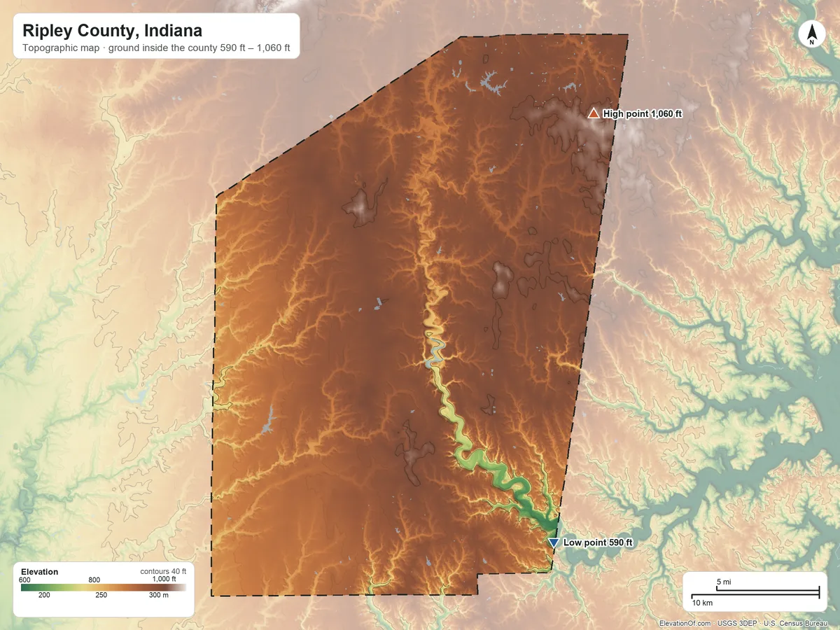 Topographic elevation map of Ripley County, Indiana, shaded from 590 ft on the southeast side to 1,060 ft on the northeast side