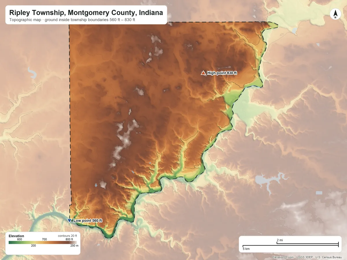 Topographic elevation map of Ripley Township, Montgomery County, Indiana, shaded from 560 ft on the southwest side to 830 ft on the northeast side