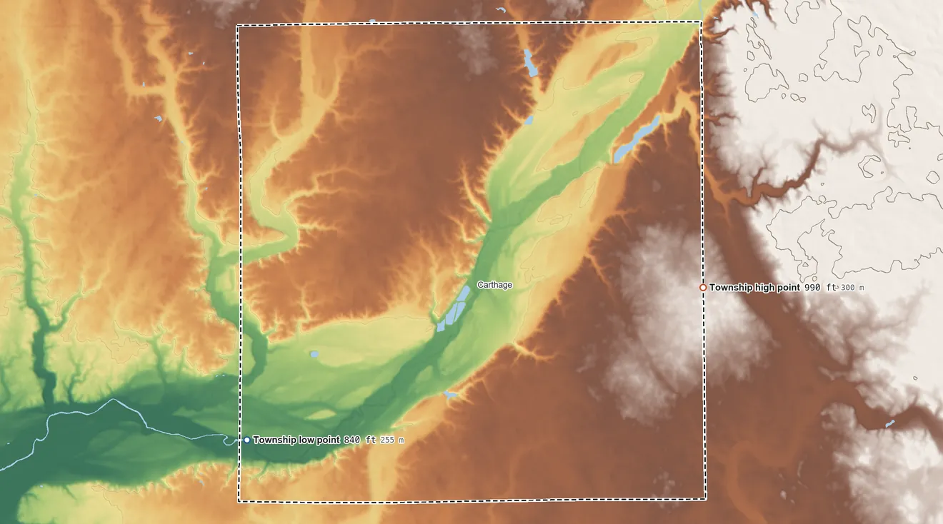 Topographic elevation map of Ripley Township, Indiana, shaded from 840 ft on the southwest side to 990 ft on the east side
