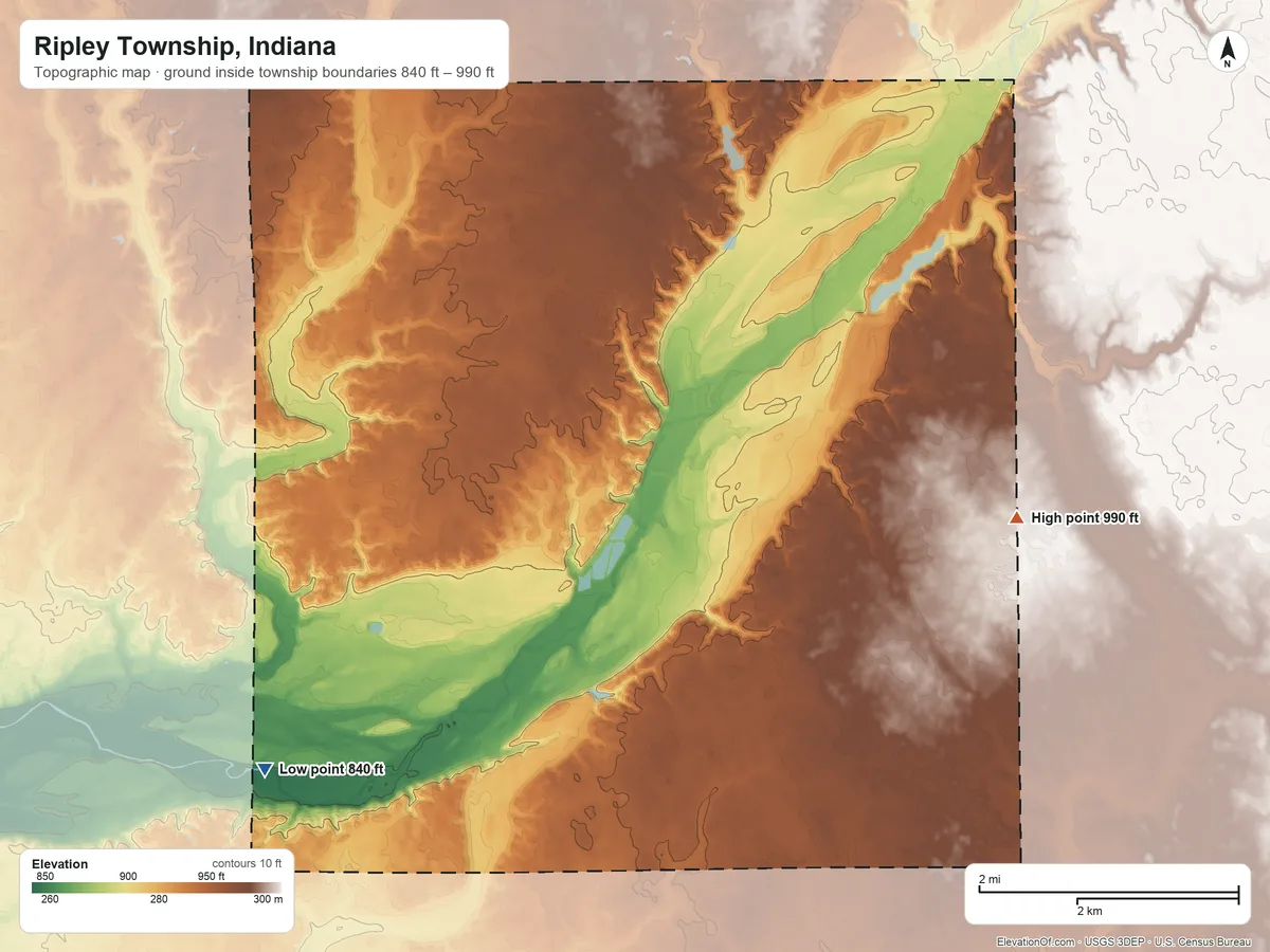 Topographic elevation map of Ripley Township, Indiana, shaded from 840 ft on the southwest side to 990 ft on the east side