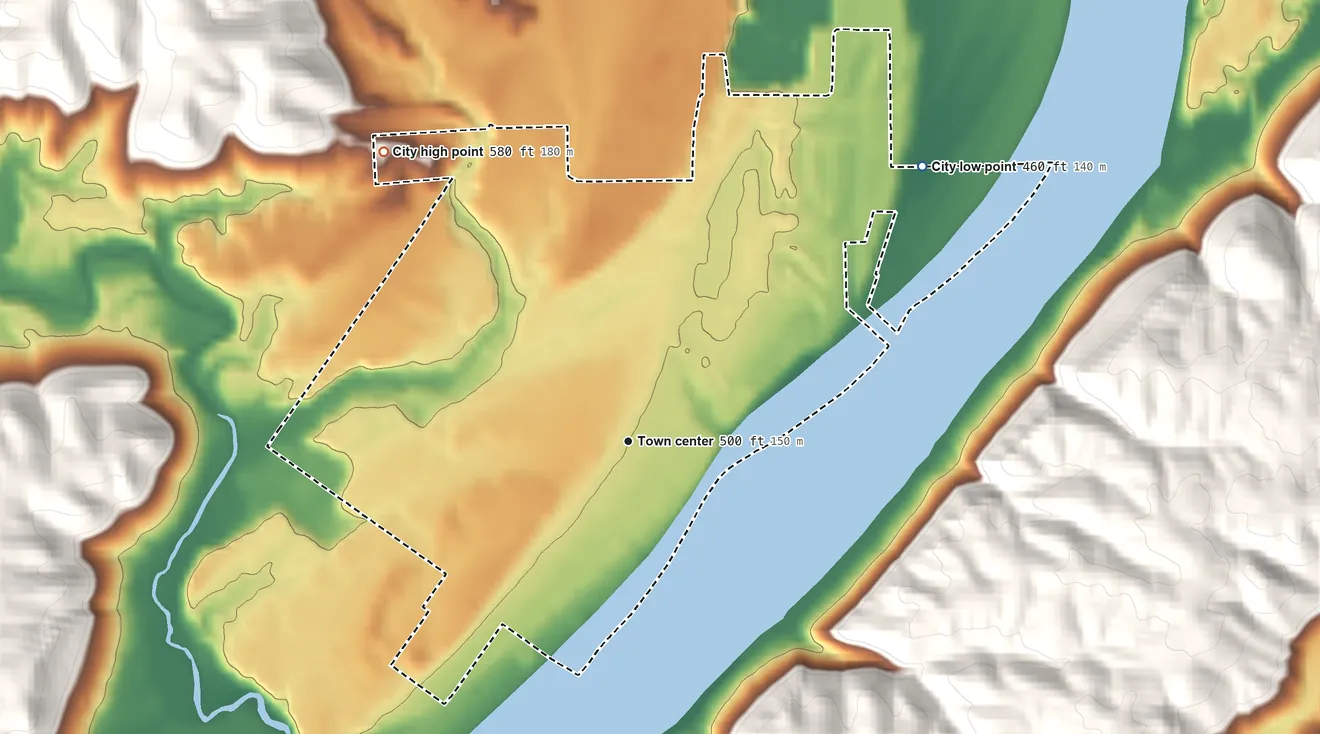 Topographic elevation map of Rising Sun, Indiana, shaded from 460 ft on the northeast side to 580 ft on the northwest side