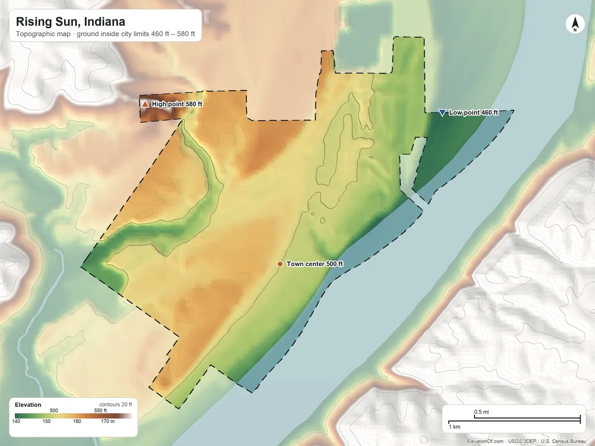 Topographic elevation map of Rising Sun, Indiana, shaded from 460 ft on the northeast side to 580 ft on the northwest side