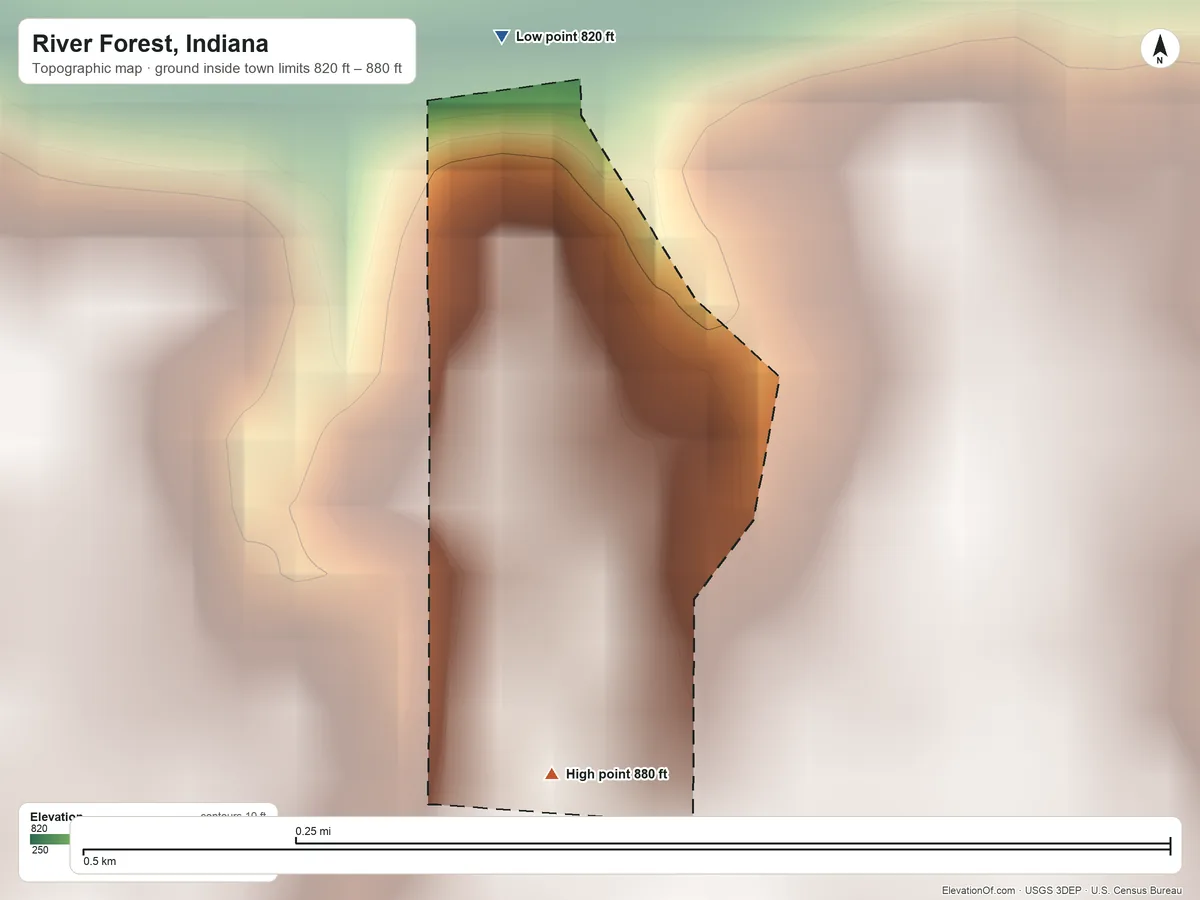 Topographic elevation map of River Forest, Indiana, shaded from 820 ft on the north side to 880 ft on the south side