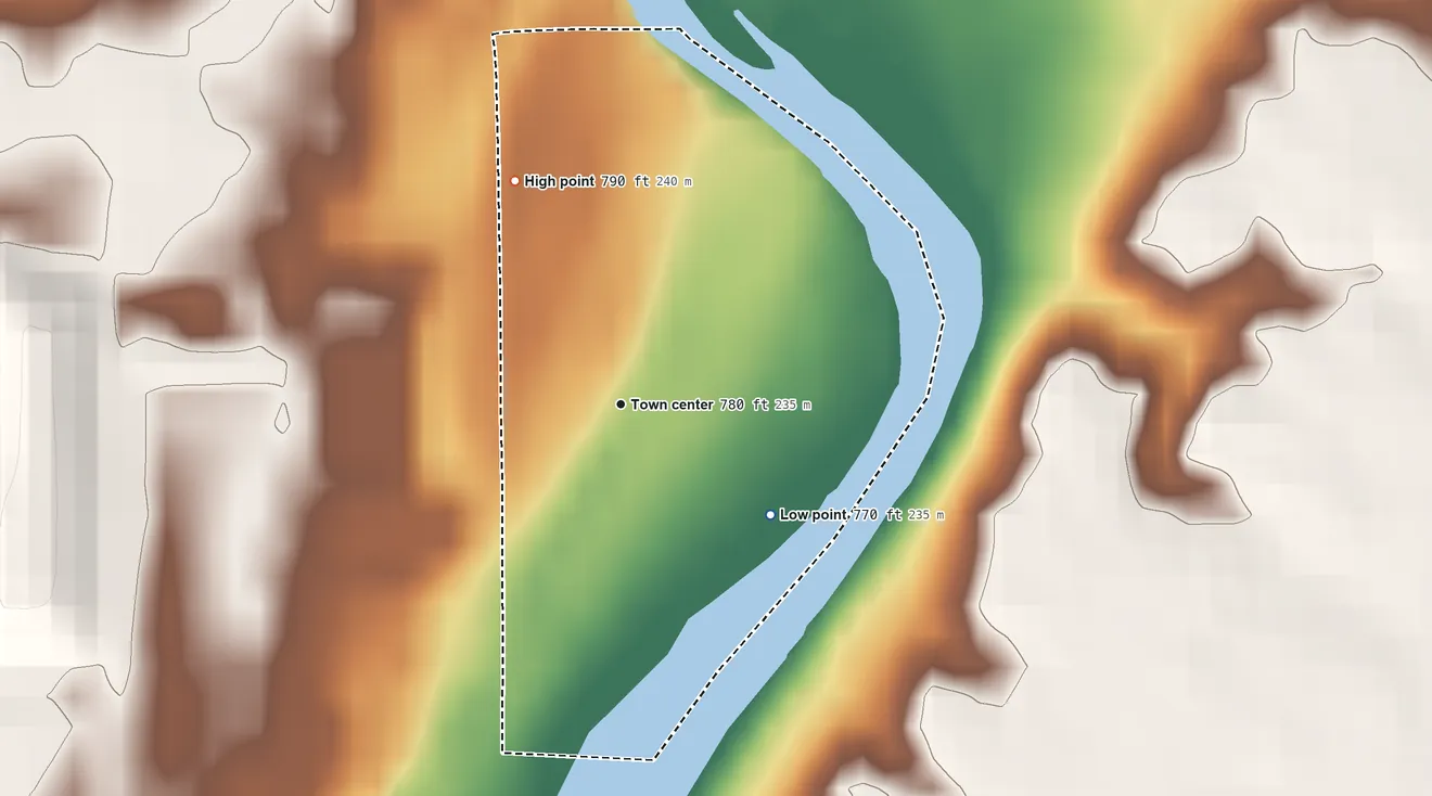 Topographic elevation map of Riverwood, Indiana, shaded from 770 ft on the southeast side to 790 ft on the northwest side