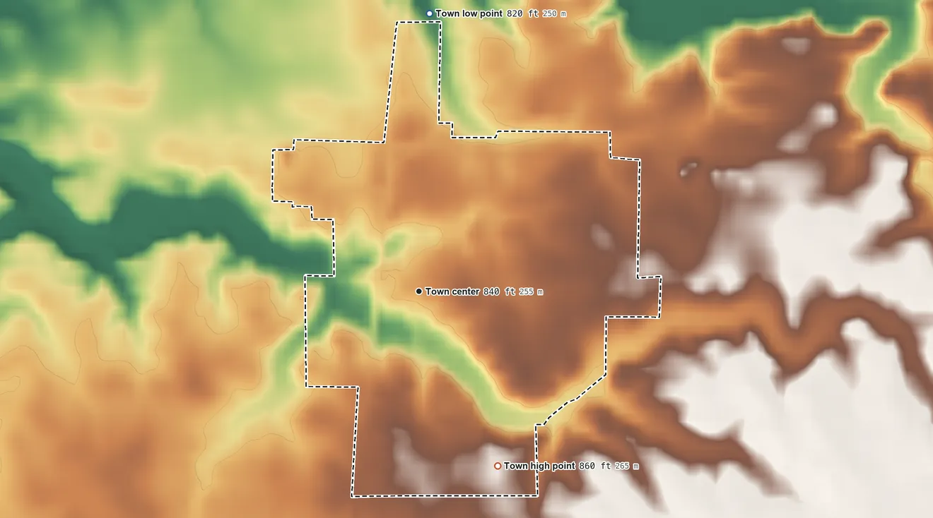 Topographic elevation map of Roachdale, Indiana, shaded from 820 ft on the north side to 860 ft on the southeast side