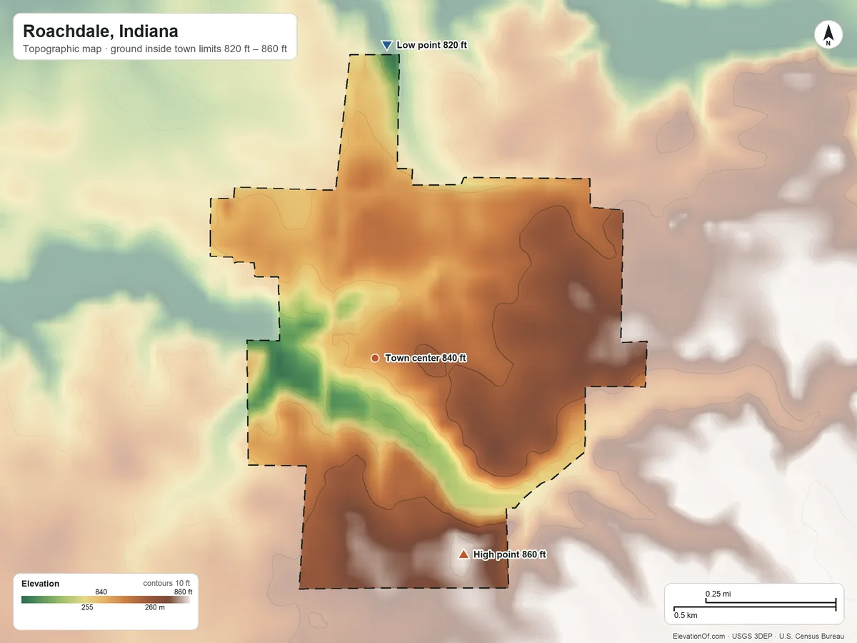Topographic elevation map of Roachdale, Indiana, shaded from 820 ft on the north side to 860 ft on the southeast side