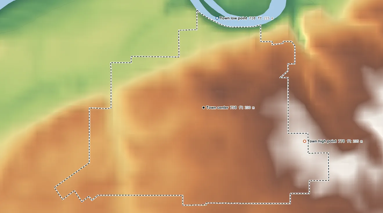 Topographic elevation map of Roann, Indiana, shaded from 710 ft on the north side to 770 ft on the east side