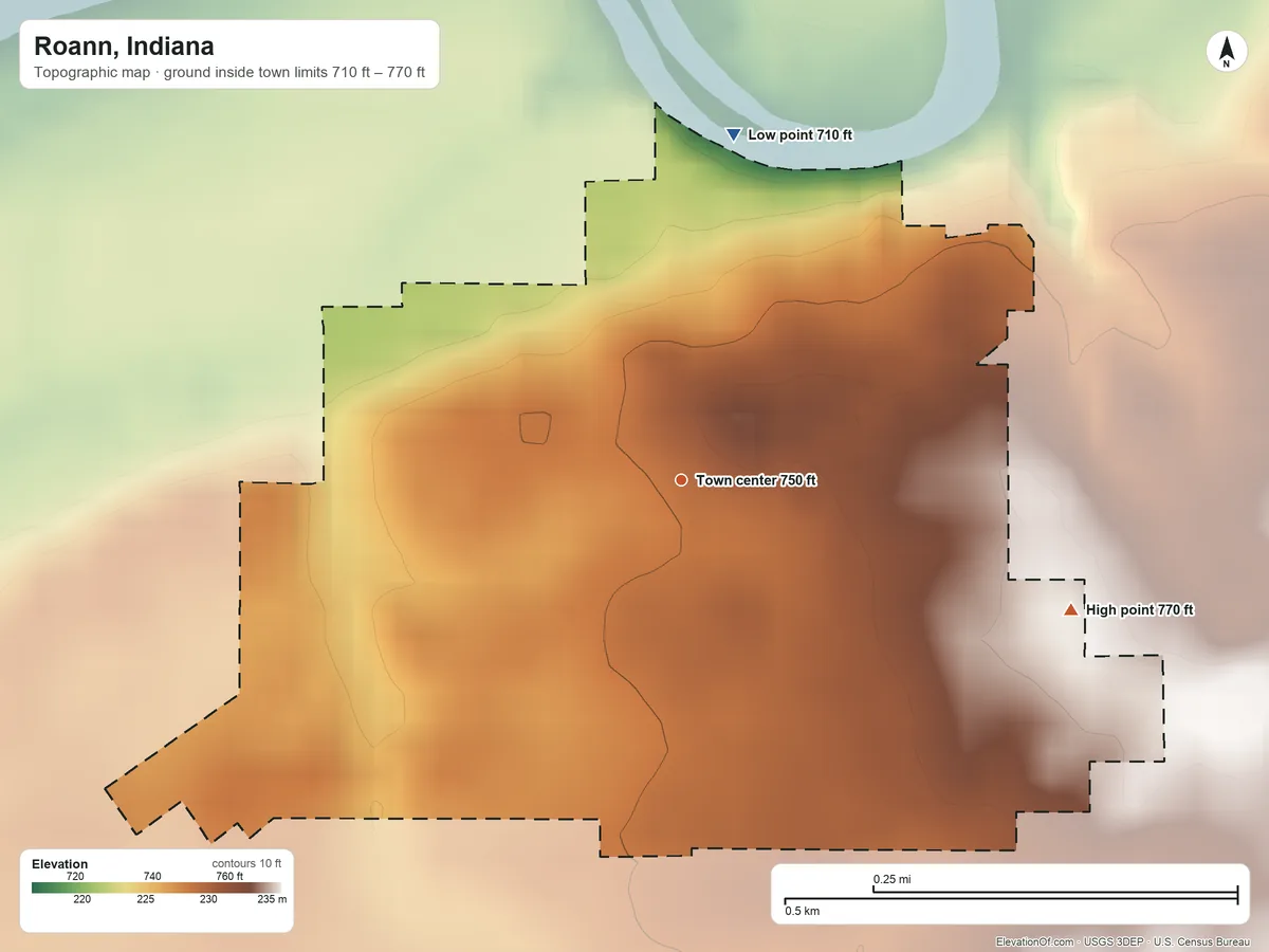 Topographic elevation map of Roann, Indiana, shaded from 710 ft on the north side to 770 ft on the east side