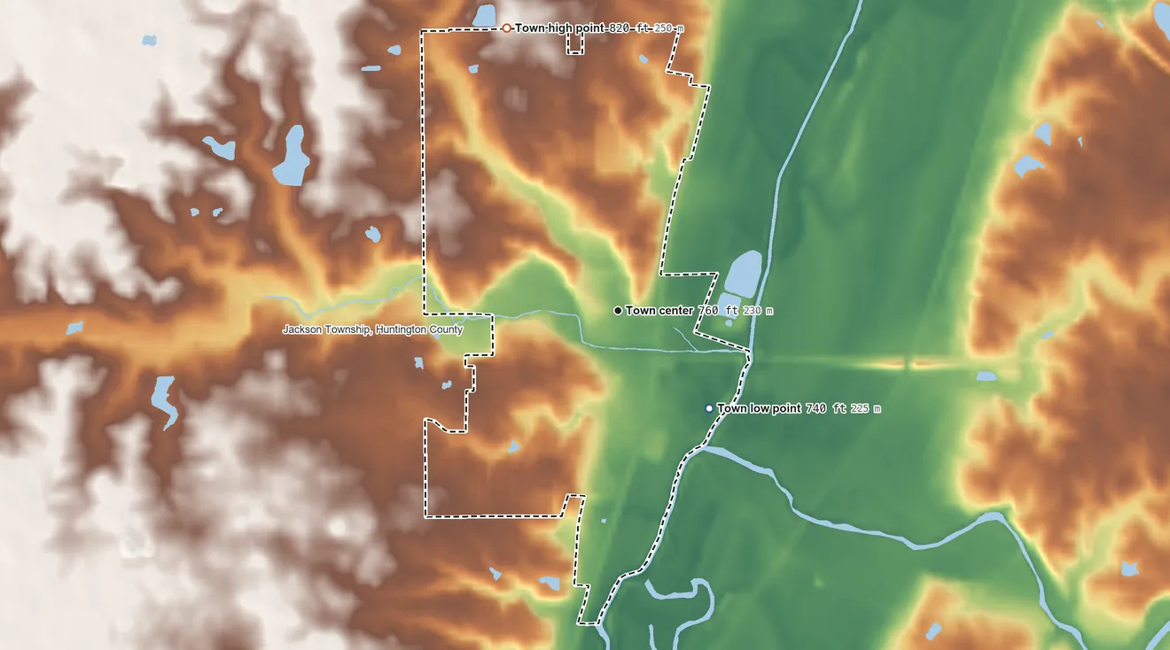 Topographic elevation map of Roanoke, Indiana, shaded from 740 ft on the southeast side to 820 ft on the north side