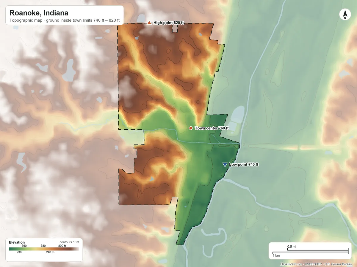 Topographic elevation map of Roanoke, Indiana, shaded from 740 ft on the southeast side to 820 ft on the north side