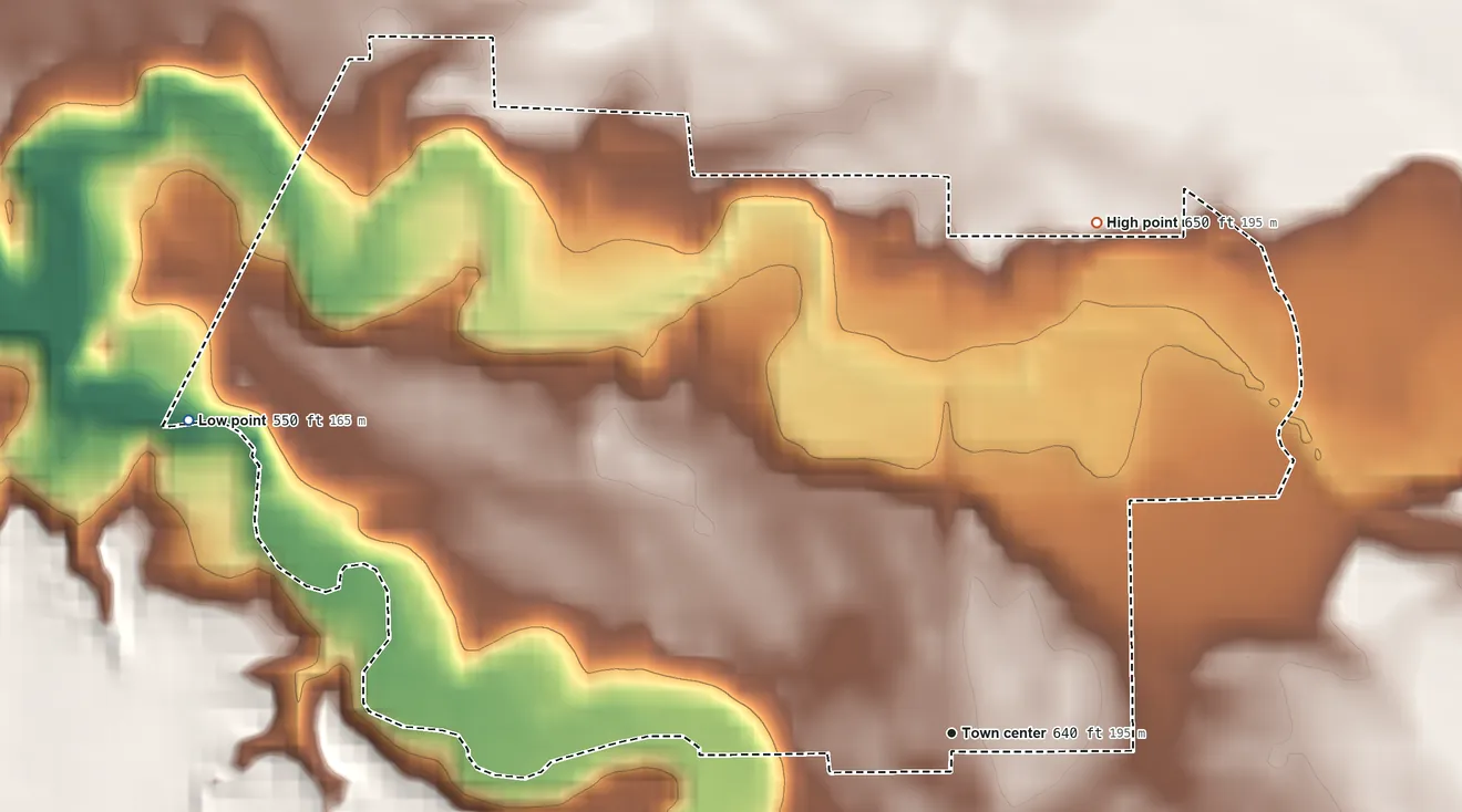 Topographic elevation map of Rob Roy, Indiana, shaded from 550 ft on the west side to 650 ft on the north side