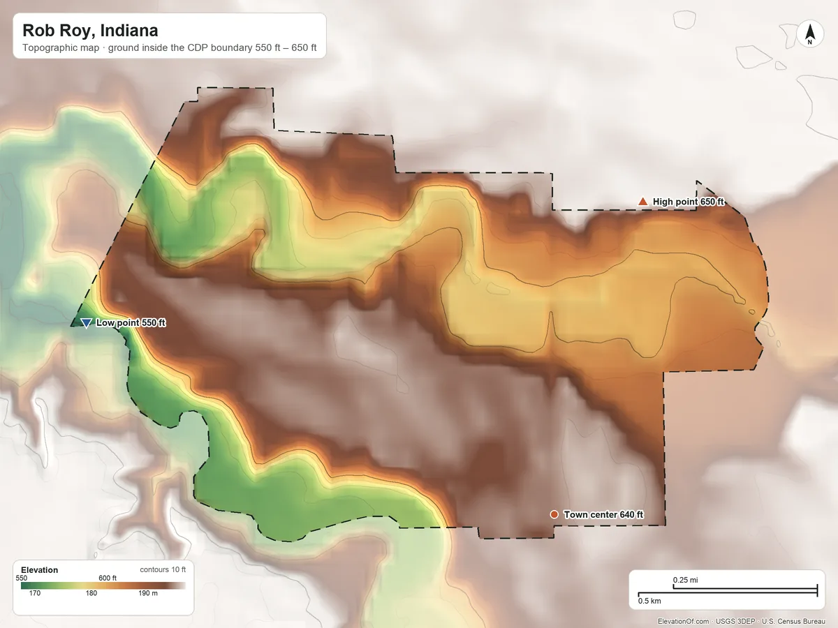 Topographic elevation map of Rob Roy, Indiana, shaded from 550 ft on the west side to 650 ft on the north side