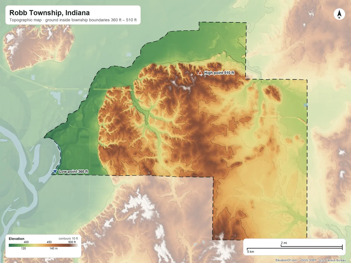 Topographic elevation map of Robb Township, Indiana, shaded from 360 ft on the west side to 510 ft on the northwest side