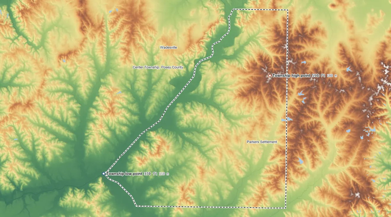 Topographic elevation map of Robinson Township, Indiana, shaded from 370 ft on the west side to 590 ft on the northeast side