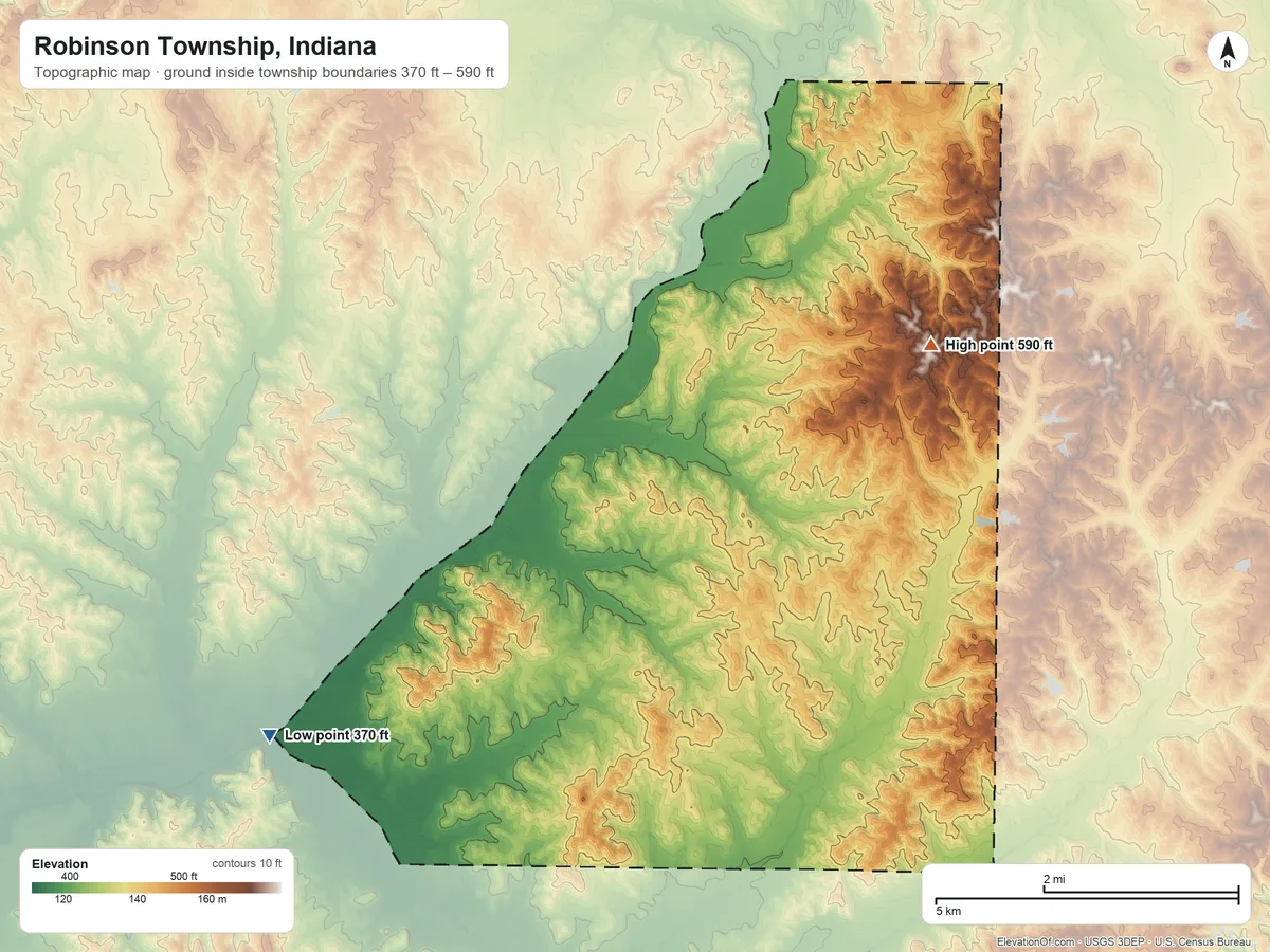 Topographic elevation map of Robinson Township, Indiana, shaded from 370 ft on the west side to 590 ft on the northeast side