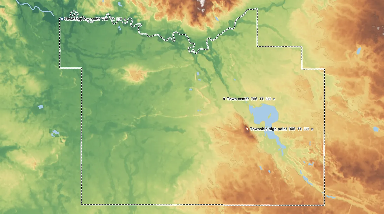 Topographic elevation map of Rochester Township, Indiana, shaded from 730 ft on the northwest side to 900 ft on the southeast side