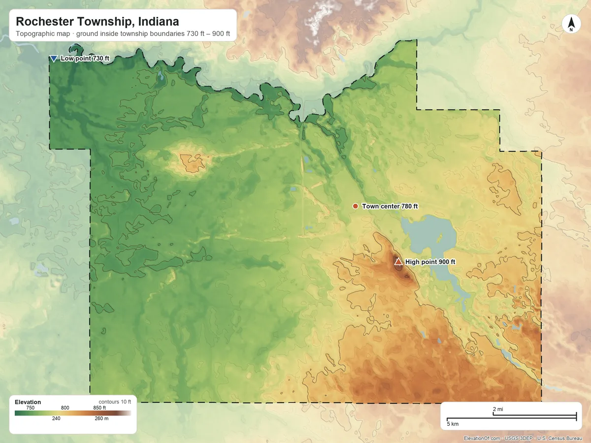 Topographic elevation map of Rochester Township, Indiana, shaded from 730 ft on the northwest side to 900 ft on the southeast side