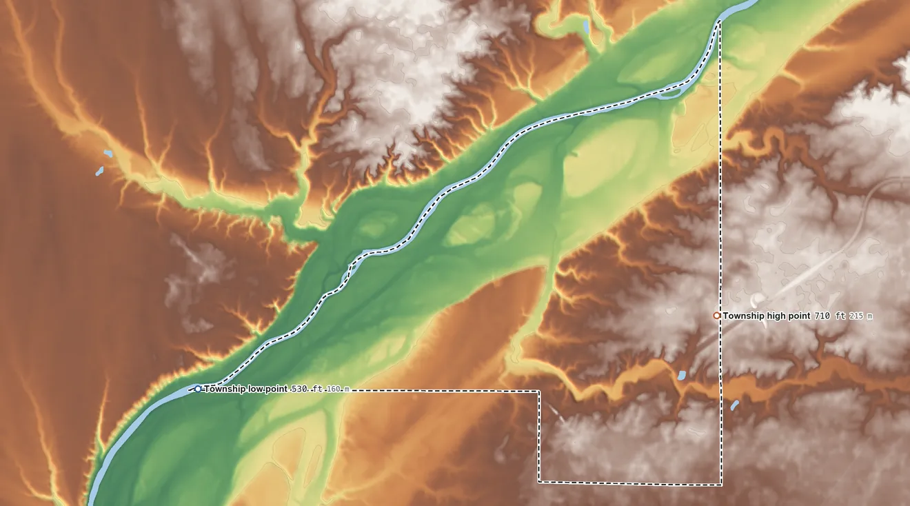 Topographic elevation map of Rock Creek Township, Carroll County, Indiana, shaded from 530 ft on the west side to 710 ft on the east side