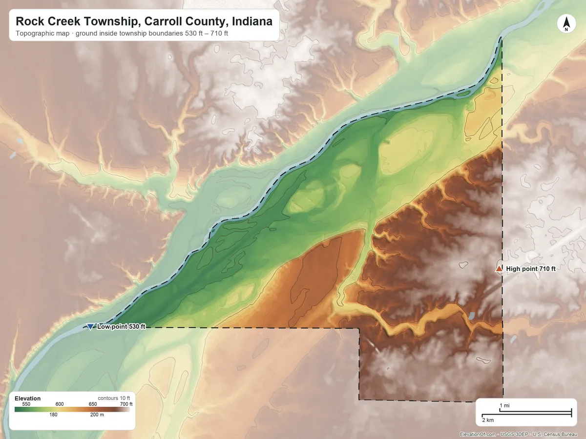 Topographic elevation map of Rock Creek Township, Carroll County, Indiana, shaded from 530 ft on the west side to 710 ft on the east side