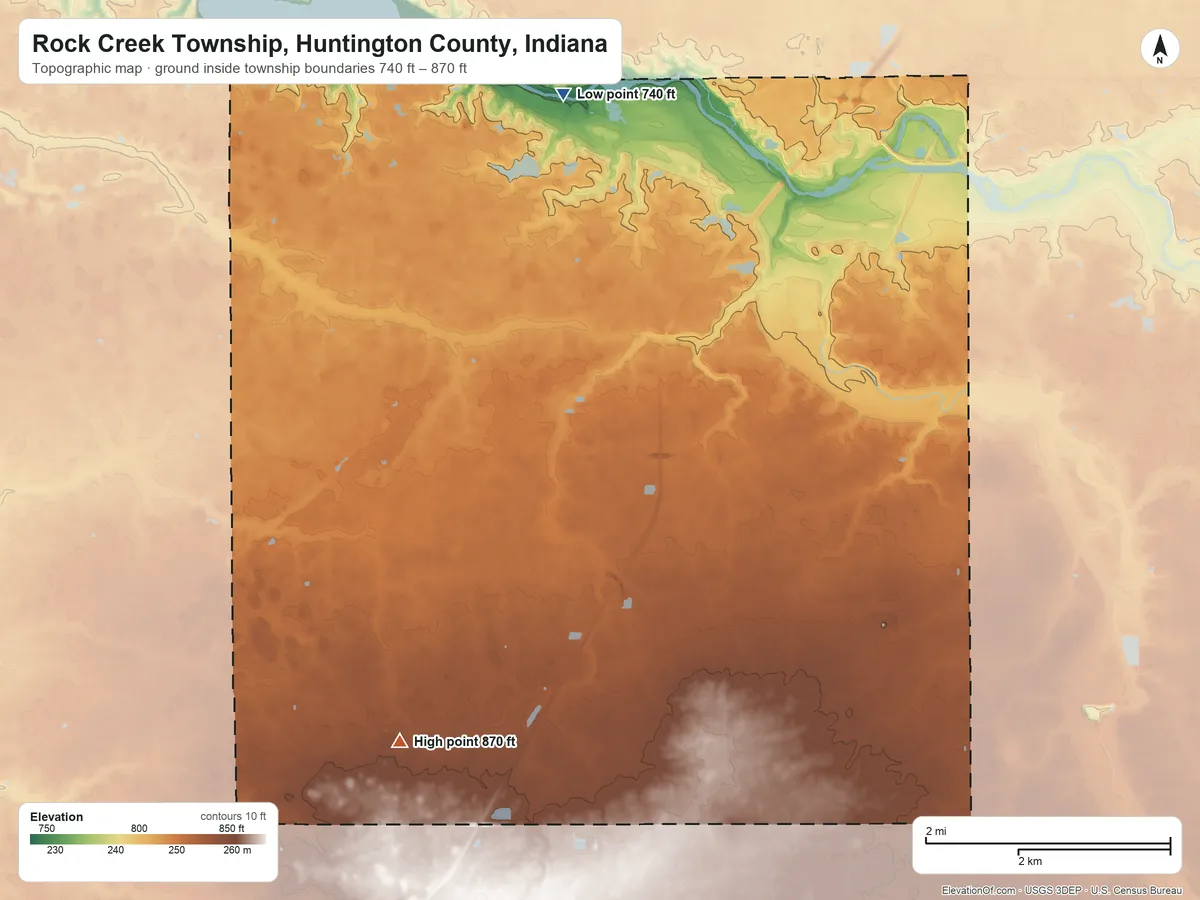 Topographic elevation map of Rock Creek Township, Huntington County, Indiana, shaded from 740 ft on the northwest side to 870 ft on the southwest side
