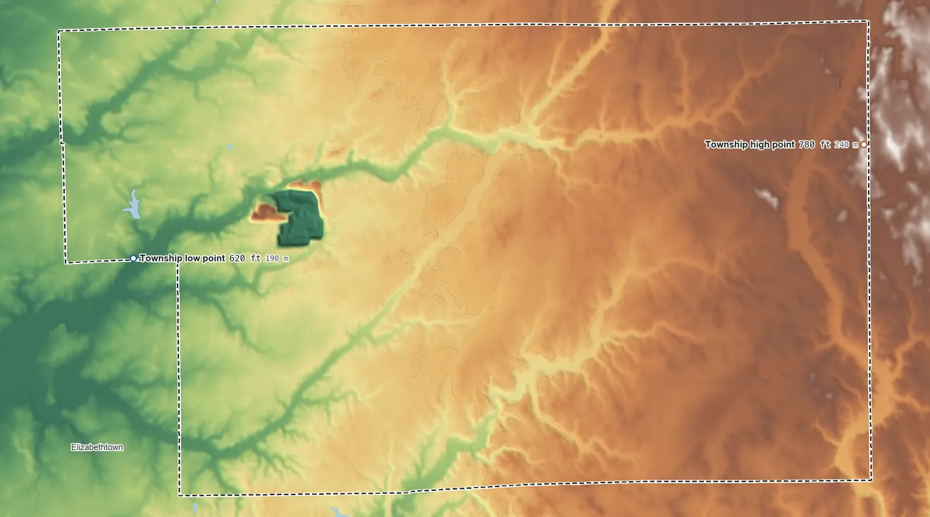 Topographic elevation map of Rock Creek Township, Indiana, shaded from 620 ft on the west side to 780 ft on the east side