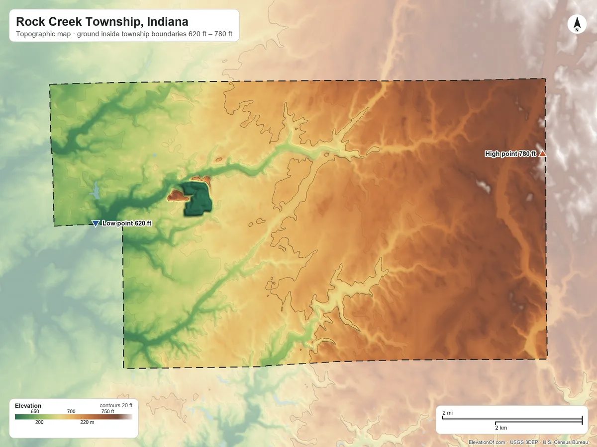 Topographic elevation map of Rock Creek Township, Indiana, shaded from 620 ft on the west side to 780 ft on the east side