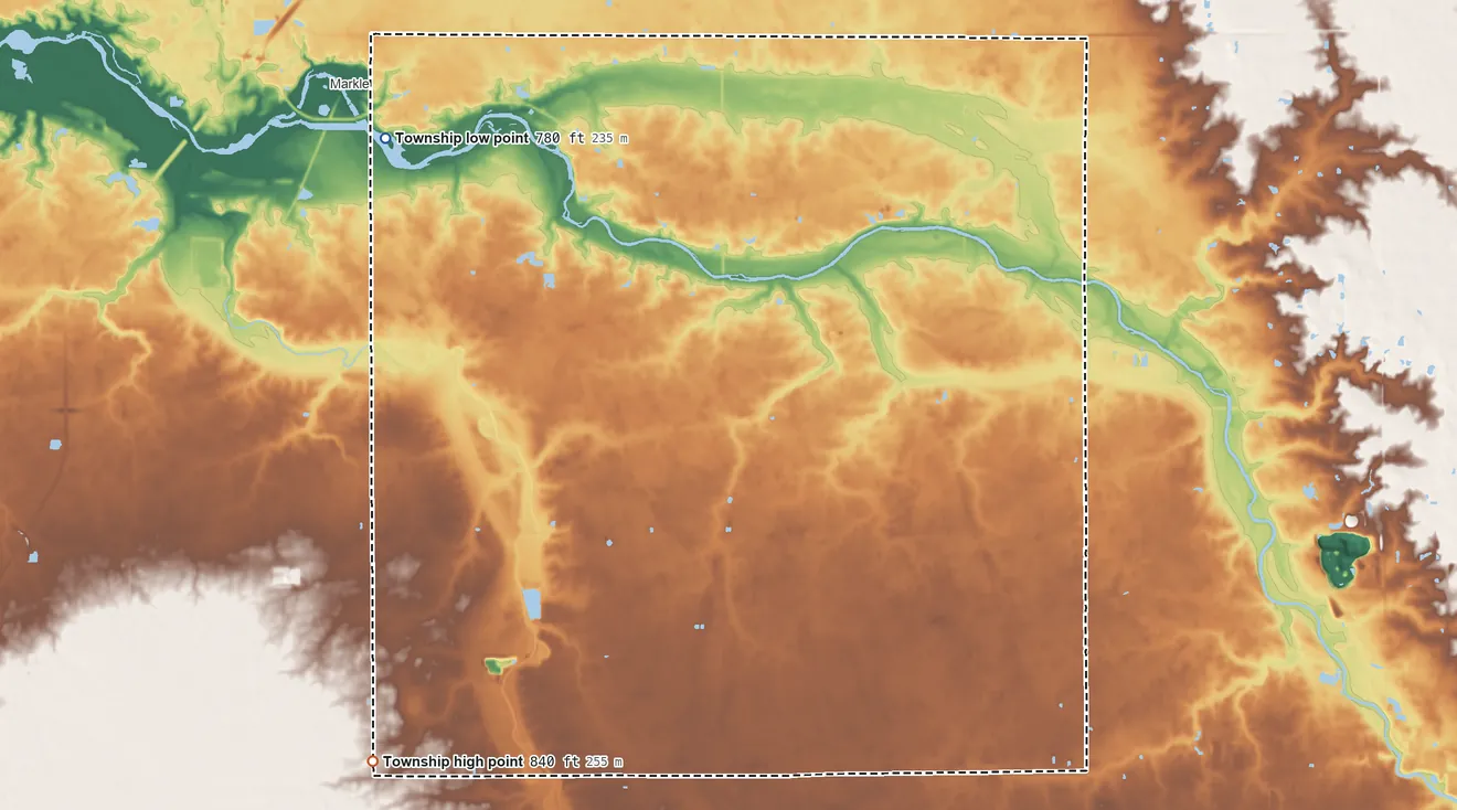 Topographic elevation map of Rockcreek Township, Indiana, shaded from 780 ft on the west side to 840 ft on the southwest side