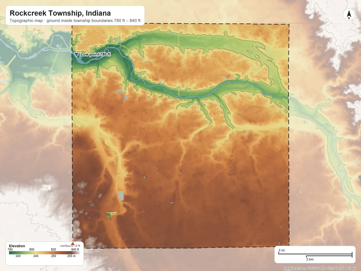 Topographic elevation map of Rockcreek Township, Indiana, shaded from 780 ft on the west side to 840 ft on the southwest side