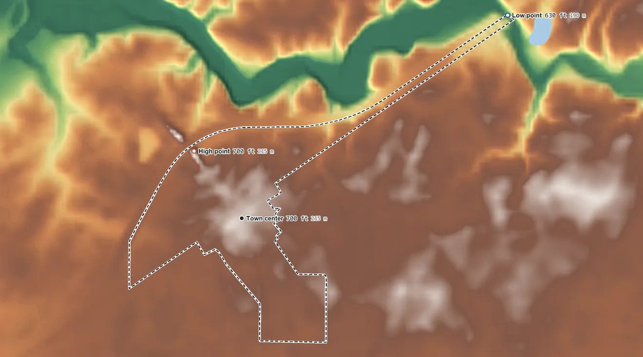 Topographic elevation map of Rockfield, Indiana, shaded from 630 ft on the northeast side to 700 ft on the northwest side
