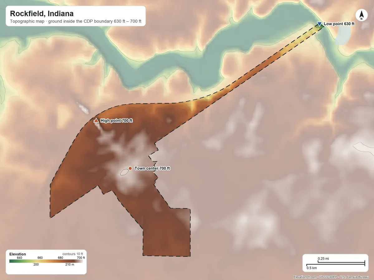 Topographic elevation map of Rockfield, Indiana, shaded from 630 ft on the northeast side to 700 ft on the northwest side