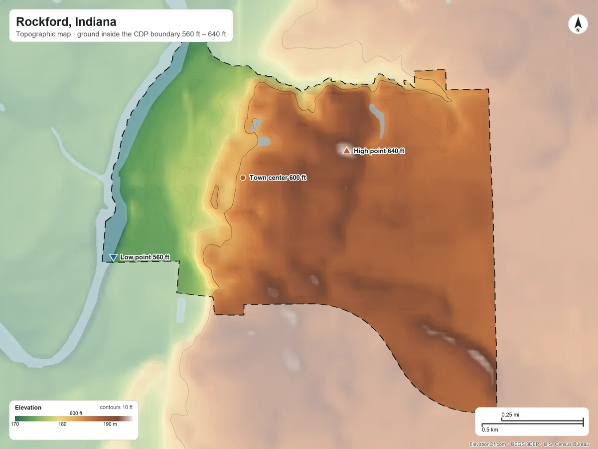 Topographic elevation map of Rockford, Indiana, shaded from 560 ft on the southwest side to 640 ft on the east side