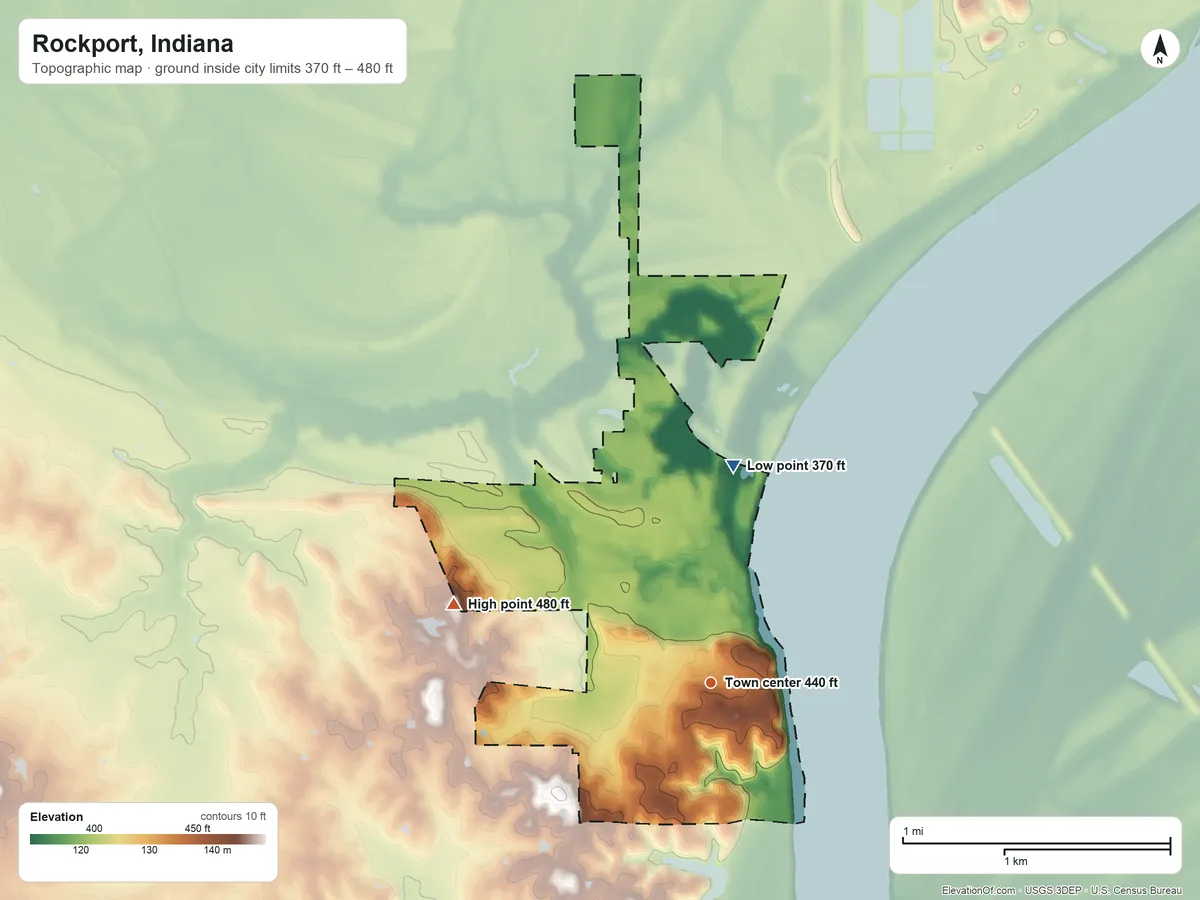 Topographic elevation map of Rockport, Indiana, shaded from 370 ft on the north side to 480 ft on the west side