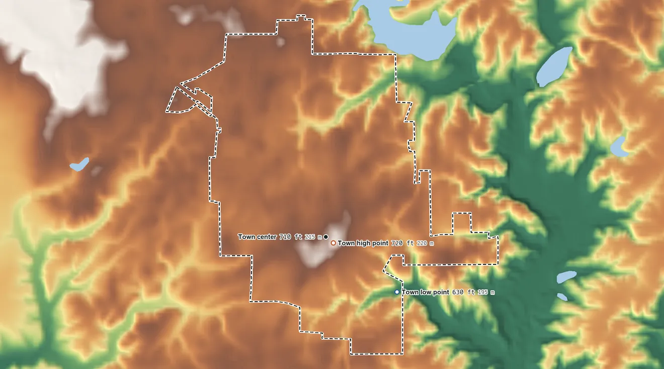 Topographic elevation map of Rockville, Indiana, shaded from 630 ft on the southeast side to 720 ft near the middle