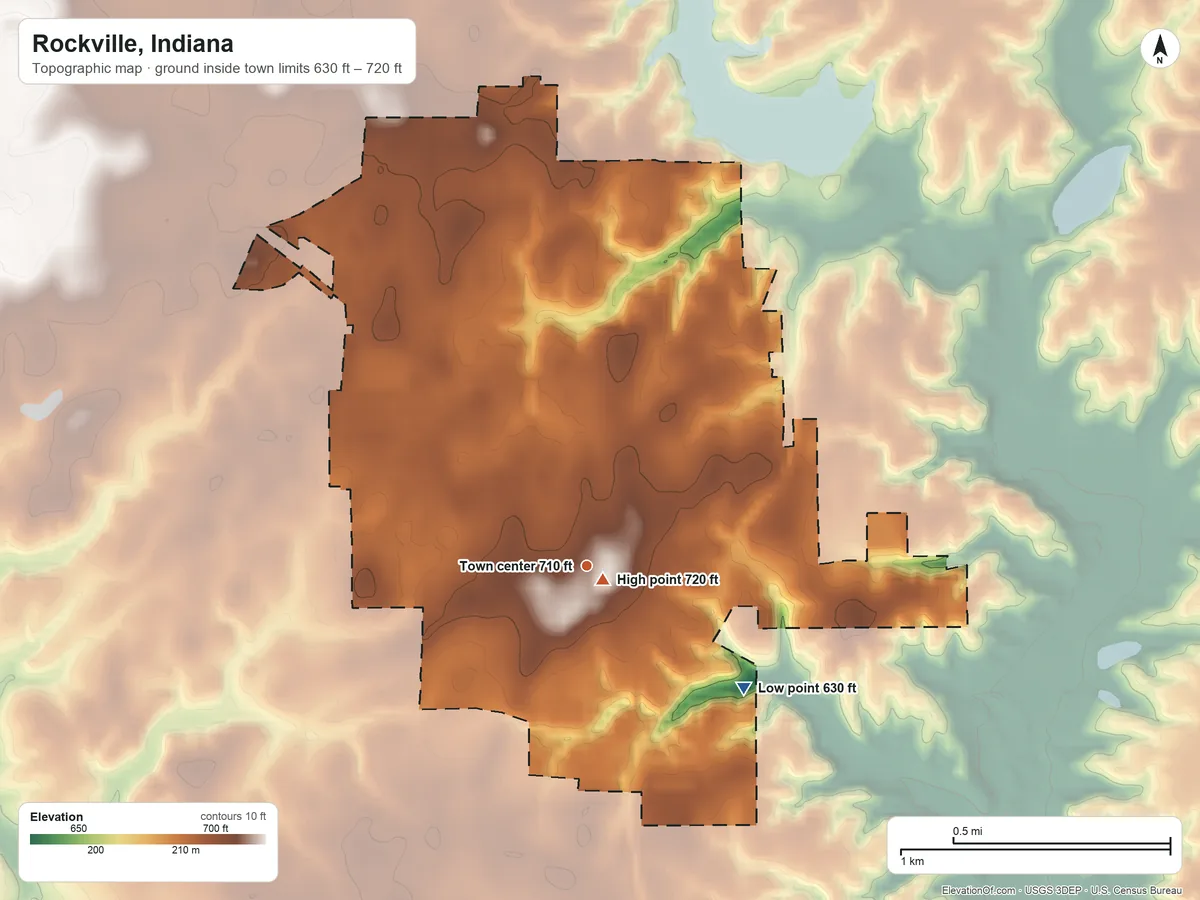 Topographic elevation map of Rockville, Indiana, shaded from 630 ft on the southeast side to 720 ft near the middle