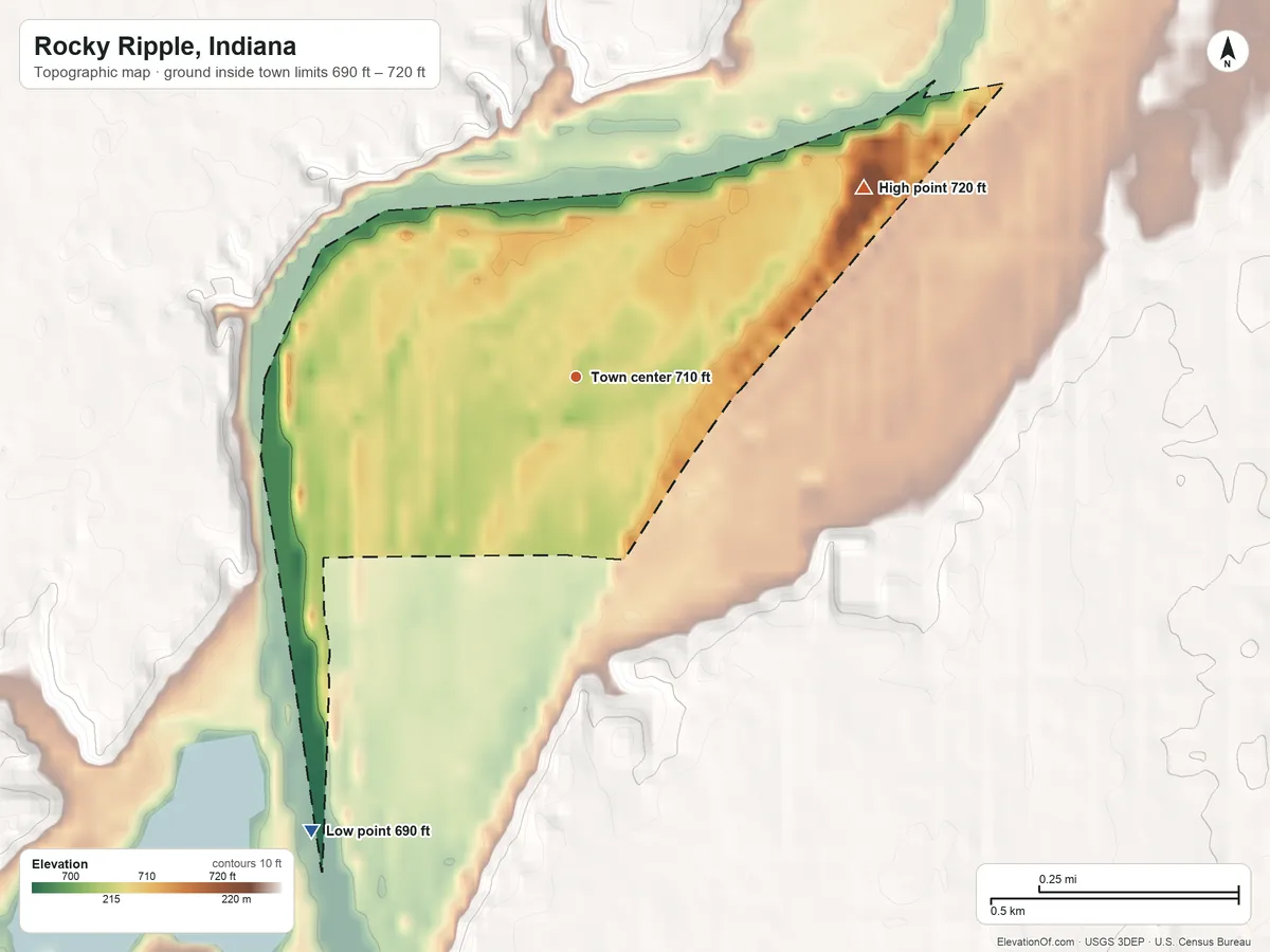Topographic elevation map of Rocky Ripple, Indiana, shaded from 690 ft on the southwest side to 720 ft on the northeast side