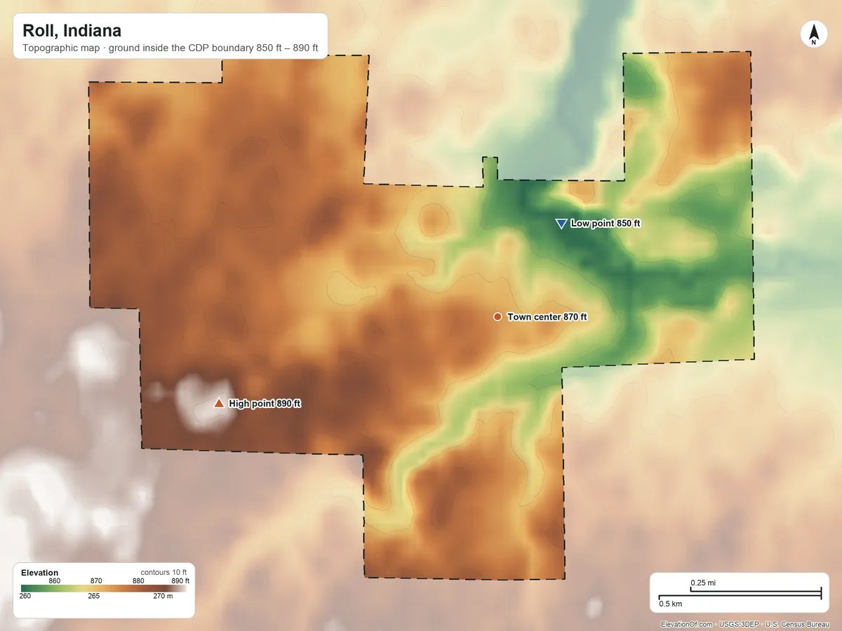 Topographic elevation map of Roll, Indiana, shaded from 850 ft on the northeast side to 890 ft on the west side
