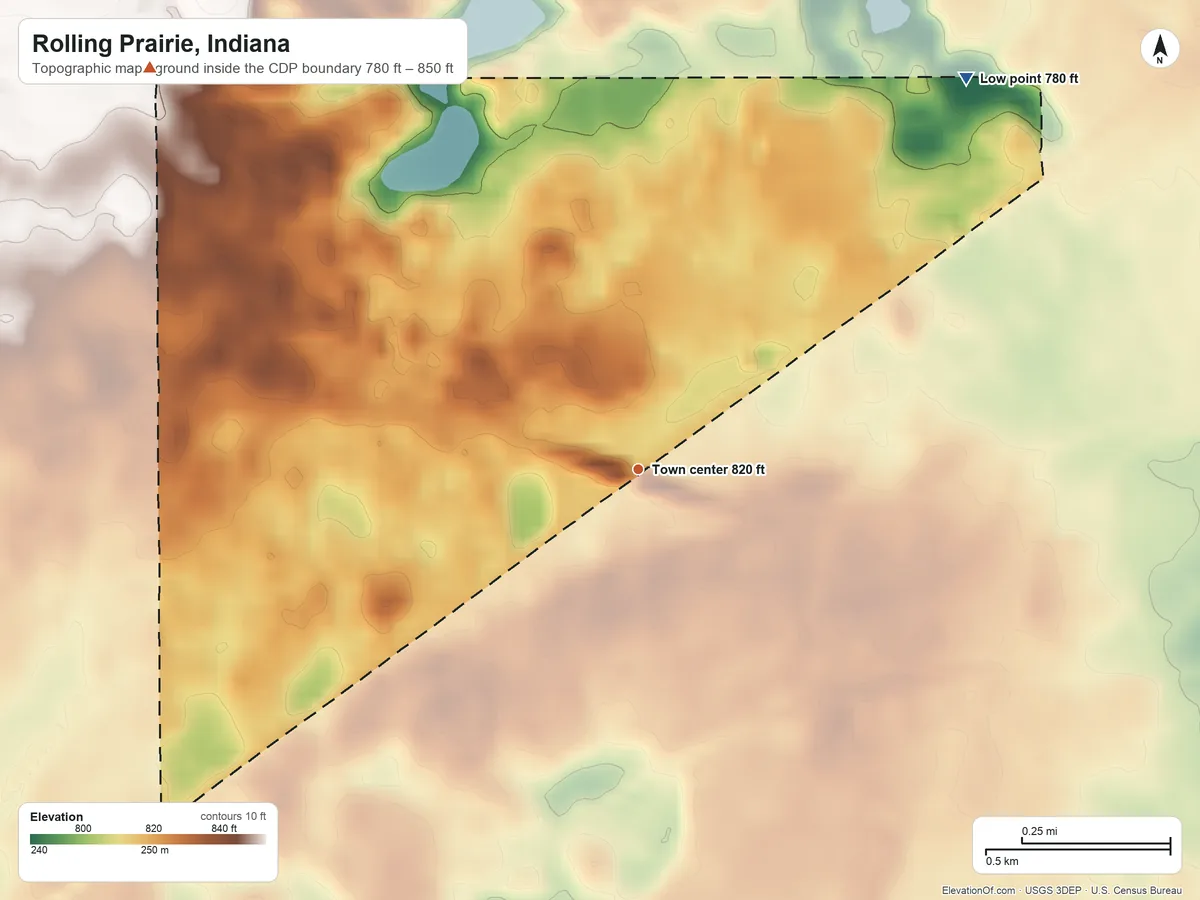 Topographic elevation map of Rolling Prairie, Indiana, shaded from 780 ft on the northeast side to 850 ft on the northwest side
