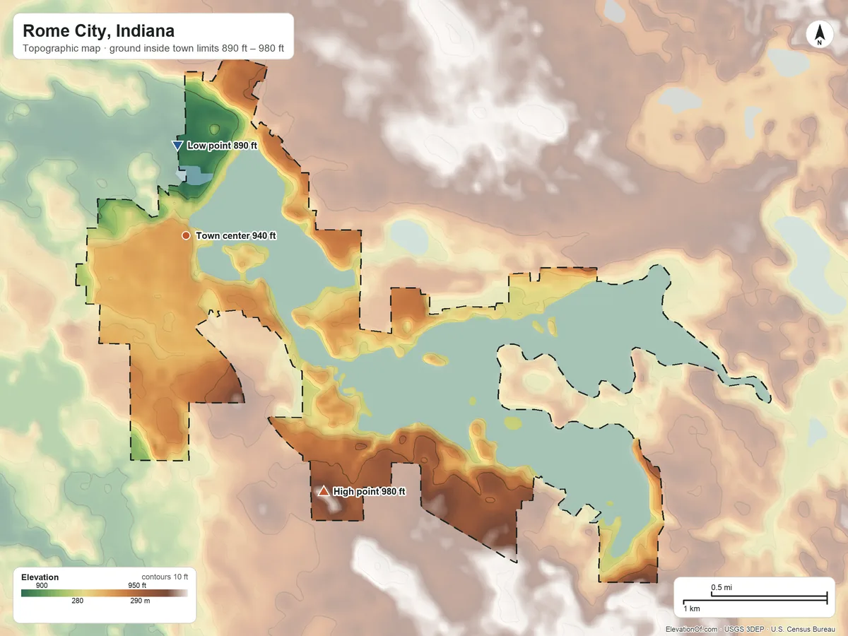 Topographic elevation map of Rome City, Indiana, shaded from 890 ft on the north side to 980 ft on the southeast side