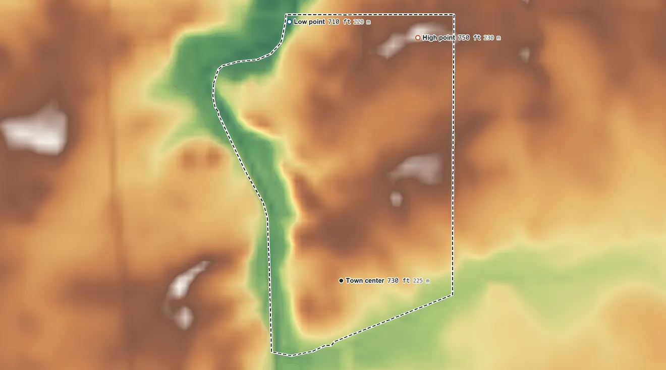 Topographic elevation map of Romney, Indiana, shaded from 710 ft on the north side to 750 ft on the north side
