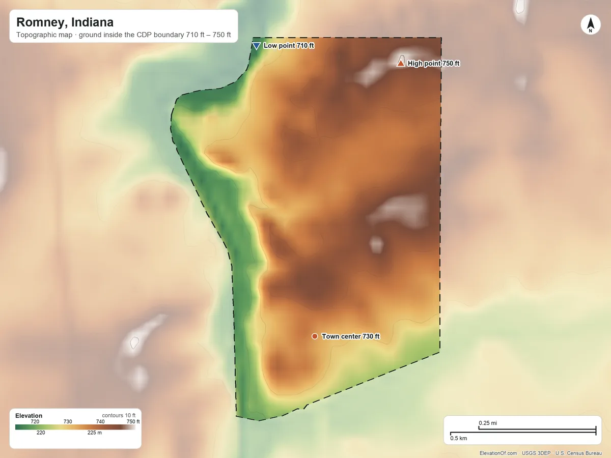 Topographic elevation map of Romney, Indiana, shaded from 710 ft on the north side to 750 ft on the north side
