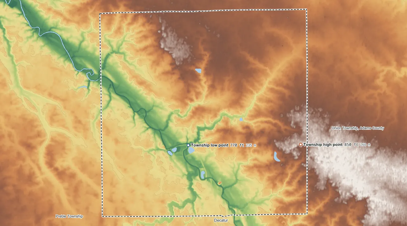 Topographic elevation map of Root Township, Indiana, shaded from 770 ft near the middle to 850 ft on the east side