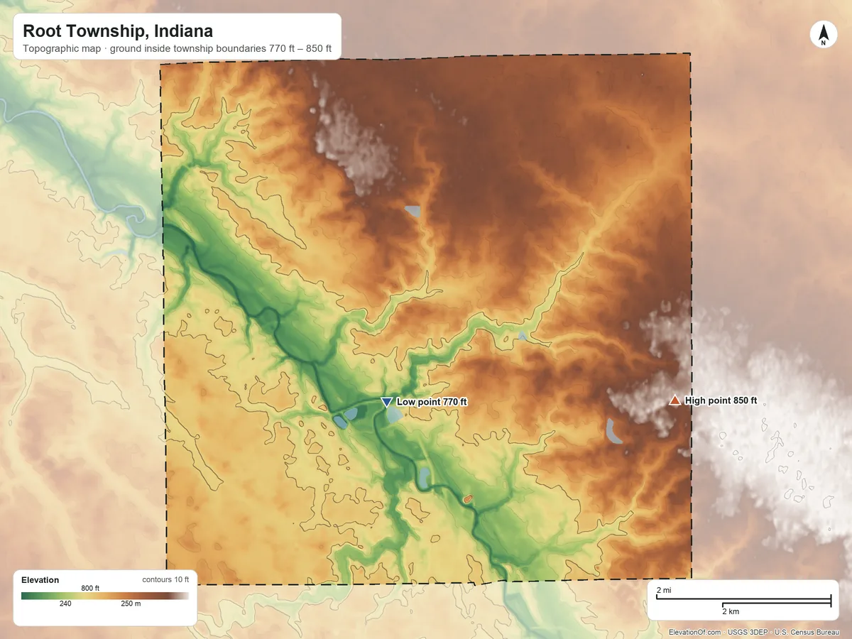 Topographic elevation map of Root Township, Indiana, shaded from 770 ft near the middle to 850 ft on the east side