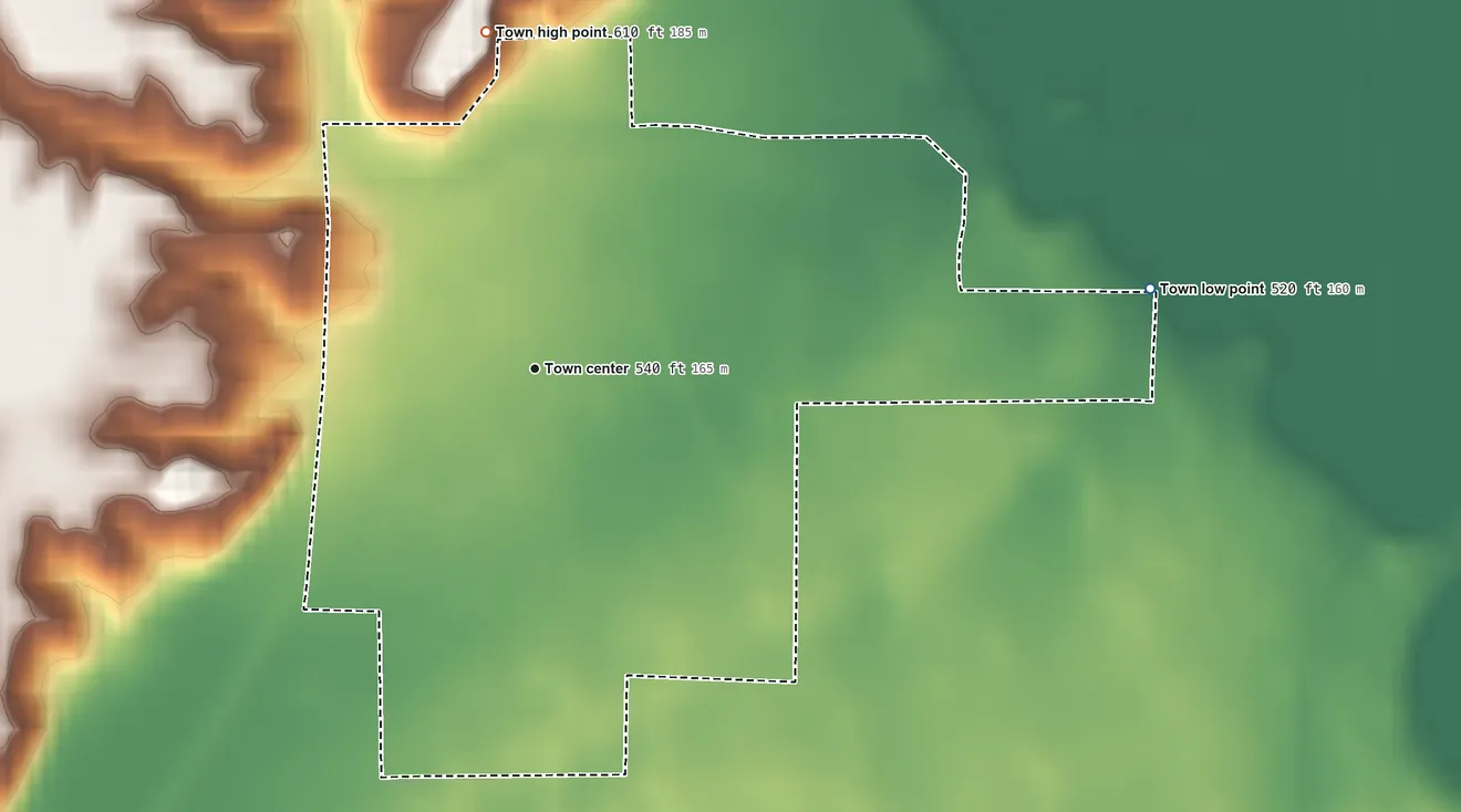 Topographic elevation map of Rosedale, Indiana, shaded from 520 ft on the east side to 610 ft on the north side