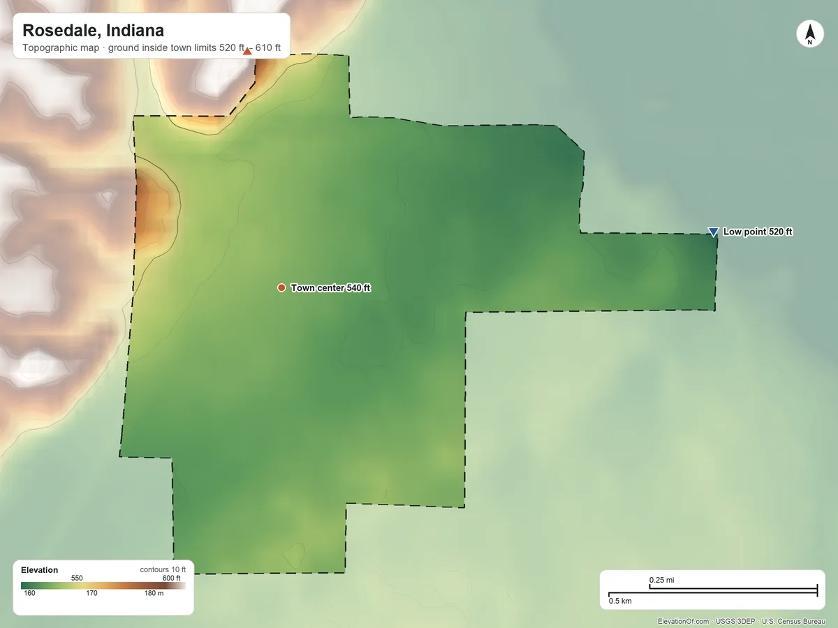 Topographic elevation map of Rosedale, Indiana, shaded from 520 ft on the east side to 610 ft on the north side