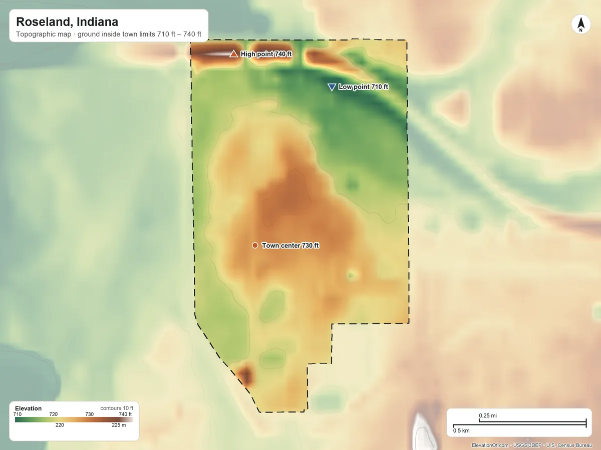 Topographic elevation map of Roseland, Indiana, shaded from 710 ft on the northeast side to 740 ft on the north side